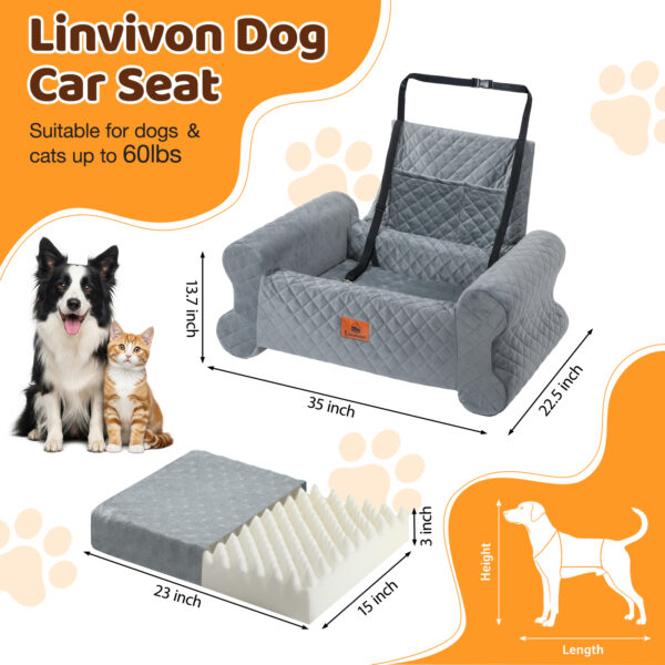 Linvivon Dog Car Seat for Medium/Large Dogs up to 60 lbs, Memory Foam Dog Booster Seat with Thick Cushion, Pet Car Seat for Back with Detachable Washable Cover, Storage Pockets for SUV, Pick Up, Trunk, Grey