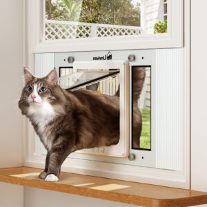 Cat Door for Window, Quick Installation Adjustable Width of 23"-28", Cat Window Door with 4 Locking Modes, Magnetic Closure Design, Weatherproof Aluminum Frame Cat Door Window Insert