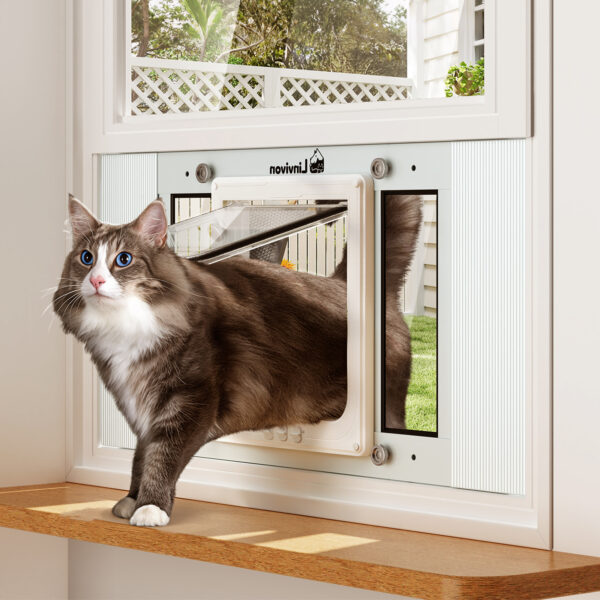 Cat Door for Window, Quick Installation Adjustable Width of 23"-28", Cat Window Door with 4 Locking Modes, Magnetic Closure Design, Weatherproof Aluminum Frame Cat Door Window Insert