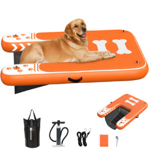 Inflatable Dog Boat Ramp for Dogs Up to 240 lbs, Inflatable Dock Floating Platform with Anti-Slip EVA Foam Safe & Easy Water Access, Dog Ramp for Pools, Lakes, Boats, Docks, Orange&White