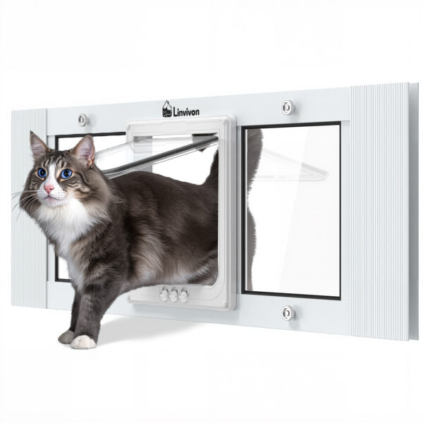 Cat Door for Window, Quick Installation Adjustable Width of 31"-36", Cat Window Door with 4 Locking Modes