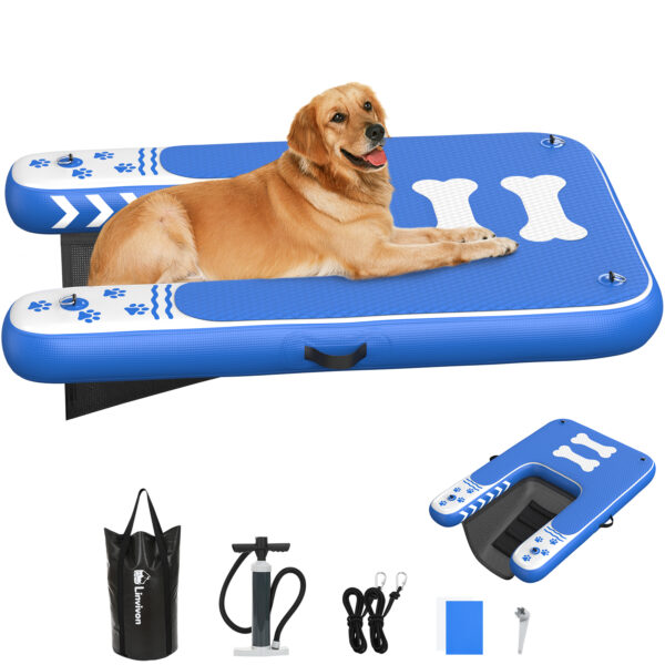 Inflatable Dog Boat Ramp for Dogs Up to 240 lbs, Inflatable Dock Floating Platform with Anti-Slip EVA Foam Safe & Easy Water Access, Dog Ramp for Pools, Lakes, Boats, Docks, Blue & White