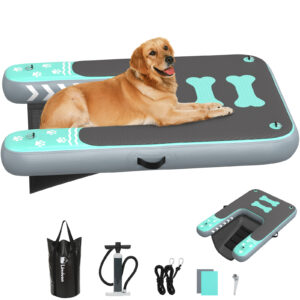 Inflatable Dog Boat Ramp for Dogs Up to 240 lbs, Inflatable Dock Floating Platform with Anti-Slip EVA Foam Safe & Easy Water Access, Dog Ramp for Boat, Pools, Lakes, Boats, Docks, Green