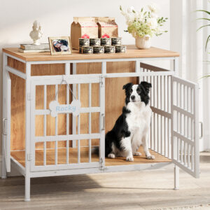 Large Dog Crate Furniture, Wooden Dog Kennel Furniture for Medium Large Dogs, Double-Doors Sturdy Metal Dog Cage for Anxiety Dog, Anti Escape Wooden Cage with Name Tag End Table, TV Stand Beige