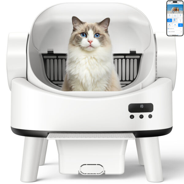 Self Cleaning Cat Litter Box, Open-Top Automatic Robot Litter Box for Multiple Cats with App Control, Safety Sensors Protection, Includes Liners, Digital Screen, Washable Sifter &Cat Pedal