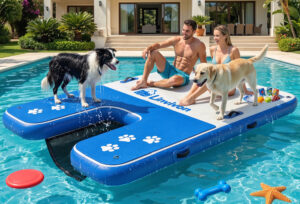 8x6ft Extra Large Inflatable Dog Dock & Boat Ramp for Multiple Large Dogs, 800 LBS Load Capacity, with Anti-Slip EVA Foam & Built-in Ice Bucket Compartment, Dog Water Ramp for Pool Boat Beach Blue