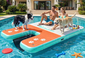 8x5ft Extra Large Inflatable Dog Dock & Boat Ramp for Multiple Large Dogs, 600 LBS Load Capacity, with Anti-Slip EVA Foam & Built-in Ice Bucket Compartment, Dog Water Ramp for Pool Boat Beach Orange