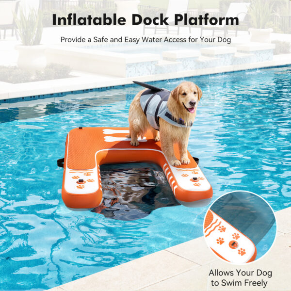 Inflatable Dog Boat Ramp for Dogs Up to 240 lbs, Inflatable Dock Floating Platform with Anti-Slip EVA Foam Safe & Easy Water Access, Dog Ramp for Pools, Lakes, Boats, Docks, Orange&White