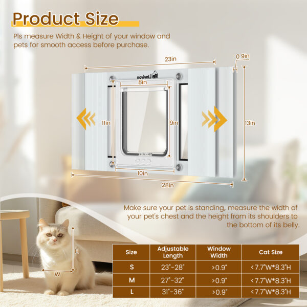 Cat Door for Window, Quick Installation Adjustable Width of 23"-28", Cat Window Door with 4 Locking Modes, Magnetic Closure Design, Weatherproof Aluminum Frame Cat Door Window Insert