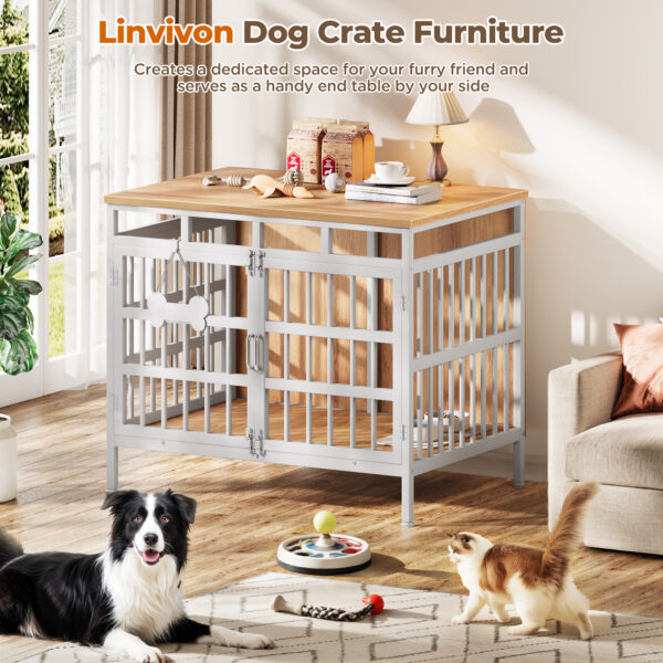 Large Dog Crate Furniture, Wooden Dog Kennel Furniture for Medium Large Dogs, Double-Doors Sturdy Metal Dog Cage for Anxiety Dog, Anti Escape Wooden Cage with Name Tag End Table, TV Stand Beige