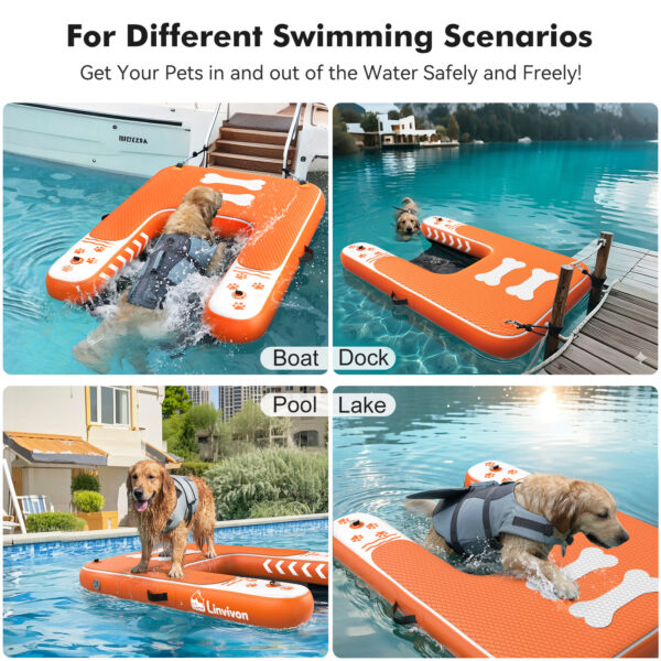 Inflatable Dog Boat Ramp for Dogs Up to 240 lbs, Inflatable Dock Floating Platform with Anti-Slip EVA Foam Safe & Easy Water Access, Dog Ramp for Pools, Lakes, Boats, Docks, Orange&White