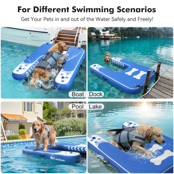 Inflatable Dog Boat Ramp for Dogs Up to 240 lbs, Inflatable Dock Floating Platform with Anti-Slip EVA Foam Safe & Easy Water Access, Dog Ramp for Pools, Lakes, Boats, Docks, Blue & White