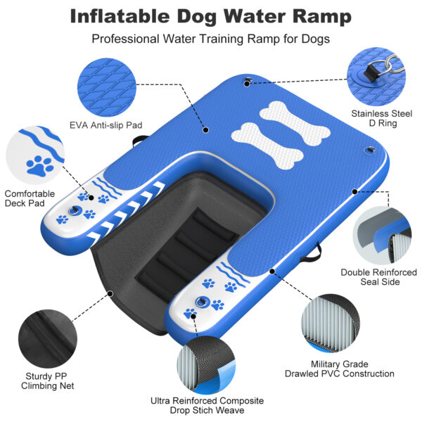 Inflatable Dog Boat Ramp for Dogs Up to 240 lbs, Inflatable Dock Floating Platform with Anti-Slip EVA Foam Safe & Easy Water Access, Dog Ramp for Pools, Lakes, Boats, Docks, Blue & White