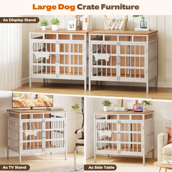 Large Dog Crate Furniture, Wooden Dog Kennel Furniture for Medium Large Dogs, Double-Doors Sturdy Metal Dog Cage for Anxiety Dog, Anti Escape Wooden Cage with Name Tag End Table, TV Stand Beige