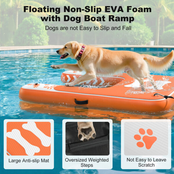 Inflatable Dog Boat Ramp for Dogs Up to 240 lbs, Inflatable Dock Floating Platform with Anti-Slip EVA Foam Safe & Easy Water Access, Dog Ramp for Pools, Lakes, Boats, Docks, Orange&White