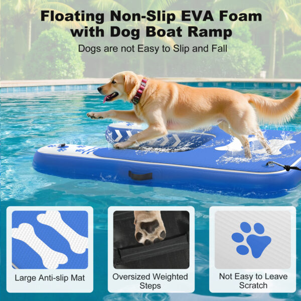 Inflatable Dog Boat Ramp for Dogs Up to 240 lbs, Inflatable Dock Floating Platform with Anti-Slip EVA Foam Safe & Easy Water Access, Dog Ramp for Pools, Lakes, Boats, Docks, Blue & White