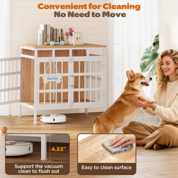 Large Dog Crate Furniture, Wooden Dog Kennel Furniture for Medium Large Dogs, Double-Doors Sturdy Metal Dog Cage for Anxiety Dog, Anti Escape Wooden Cage with Name Tag End Table, TV Stand Beige