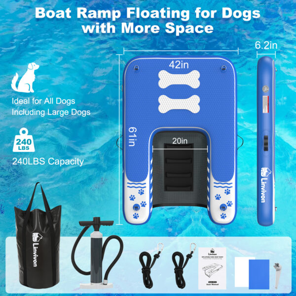 Inflatable Dog Boat Ramp for Dogs Up to 240 lbs, Inflatable Dock Floating Platform with Anti-Slip EVA Foam Safe & Easy Water Access, Dog Ramp for Pools, Lakes, Boats, Docks, Blue & White