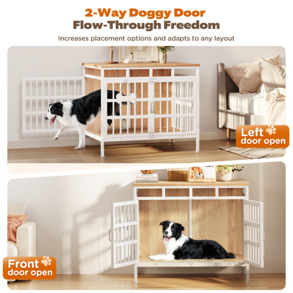 Large Dog Crate Furniture, Wooden Dog Kennel Furniture for Medium Large Dogs, Double-Doors Sturdy Metal Dog Cage for Anxiety Dog, Anti Escape Wooden Cage with Name Tag End Table, TV Stand Beige