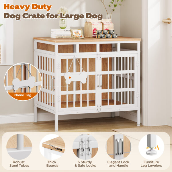 Large Dog Crate Furniture, Wooden Dog Kennel Furniture for Medium Large Dogs, Double-Doors Sturdy Metal Dog Cage for Anxiety Dog, Anti Escape Wooden Cage with Name Tag End Table, TV Stand Beige