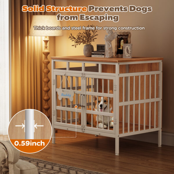 Large Dog Crate Furniture, Wooden Dog Kennel Furniture for Medium Large Dogs, Double-Doors Sturdy Metal Dog Cage for Anxiety Dog, Anti Escape Wooden Cage with Name Tag End Table, TV Stand Beige