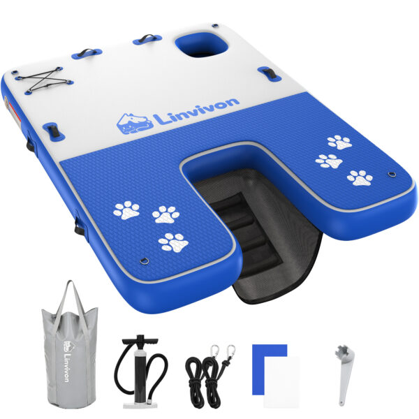 8x6ft Extra Large Inflatable Dog Dock & Boat Ramp for Multiple Large Dogs, 800 LBS Load Capacity, with Anti-Slip EVA Foam & Built-in Ice Bucket Compartment, Dog Water Ramp for Pool Boat Beach Blue