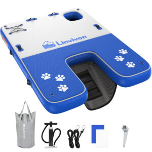 8x6ft Extra Large Inflatable Dog Dock & Boat Ramp for Multiple Large Dogs, 800 LBS Load Capacity for Pool Boat Beach, Blue+White