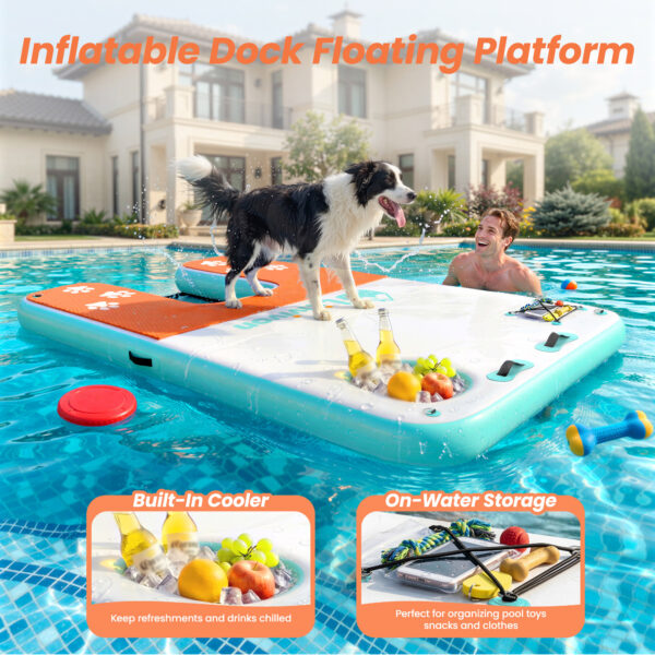 8x5ft Extra Large Inflatable Dog Dock & Boat Ramp for Multiple Large Dogs, 600 LBS Load Capacity, with Anti-Slip EVA Foam & Built-in Ice Bucket Compartment, Dog Water Ramp for Pool Boat Beach Orange