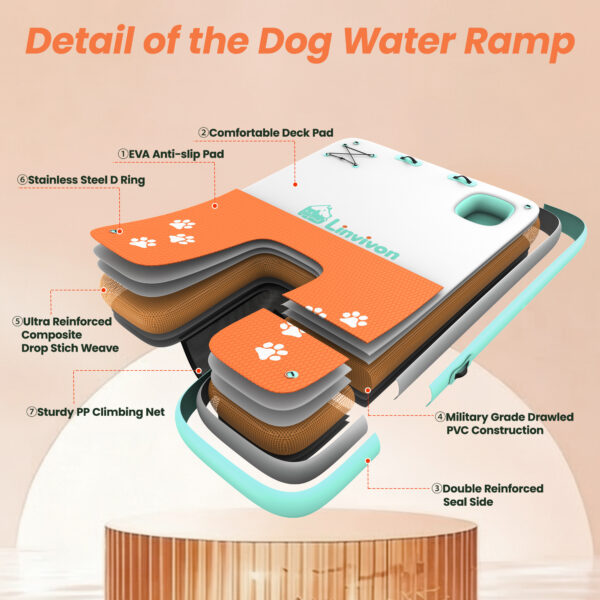 8x5ft Extra Large Inflatable Dog Dock & Boat Ramp for Multiple Large Dogs, 600 LBS Load Capacity, with Anti-Slip EVA Foam & Built-in Ice Bucket Compartment, Dog Water Ramp for Pool Boat Beach Orange