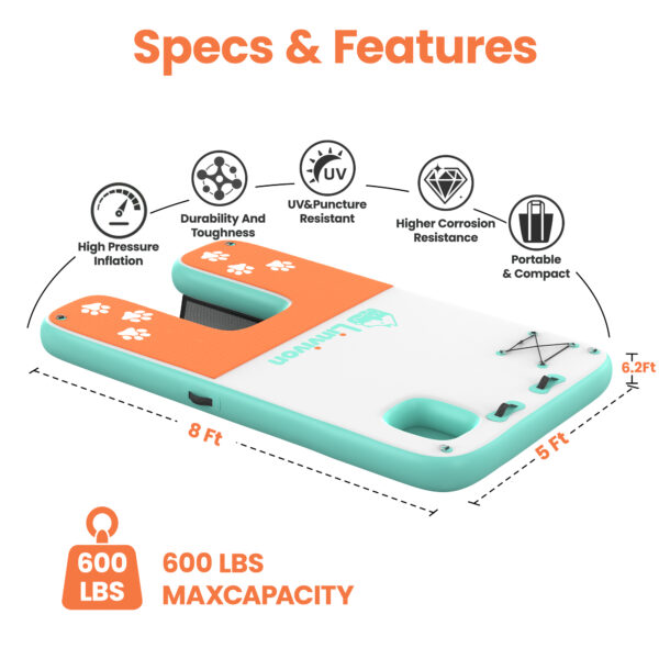 8x5ft Extra Large Inflatable Dog Dock & Boat Ramp for Multiple Large Dogs, 600 LBS Load Capacity, with Anti-Slip EVA Foam & Built-in Ice Bucket Compartment, Dog Water Ramp for Pool Boat Beach Orange