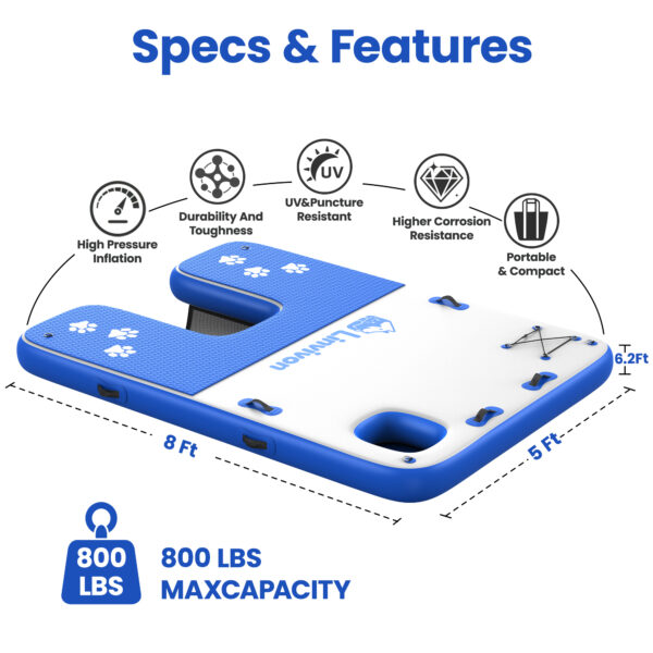 8x6ft Extra Large Inflatable Dog Dock & Boat Ramp for Multiple Large Dogs, 800 LBS Load Capacity, with Anti-Slip EVA Foam & Built-in Ice Bucket Compartment, Dog Water Ramp for Pool Boat Beach Blue