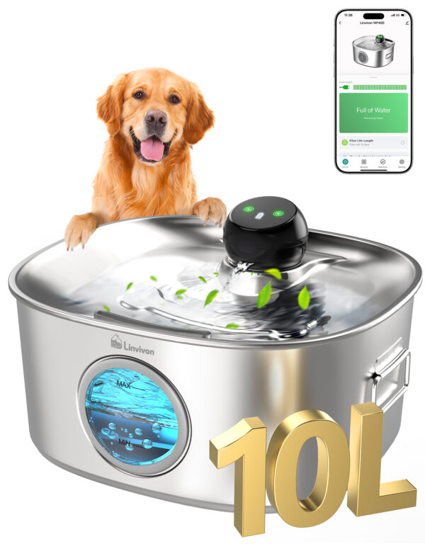Dog Water Bowl Dispenser, 10L/2.64Gal/338 Oz Automatic Dog Water Fountain with APP & 2.4G WiFi, 5-Filtered Stainless Steel Pet Water Fountain Quiet for Large Dogs Inside and Multi-Pet Hom
