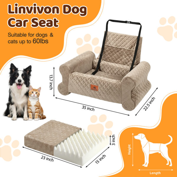 Dog Car Seat for Dogs up to 60 lbs, Pet Car Seat for Back with Detachable Washable Cover, Khaki