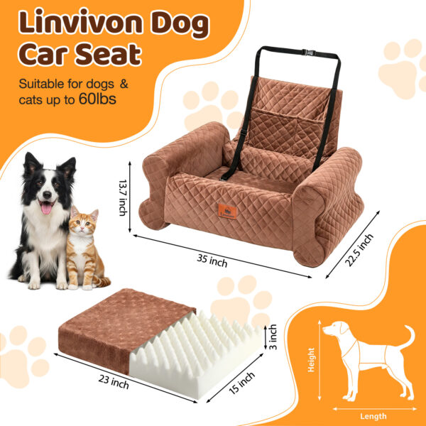 Dog Car Seat for Dogs up to 60 lbs, Pet Car Seat for Back with Detachable Washable Cover, Brown
