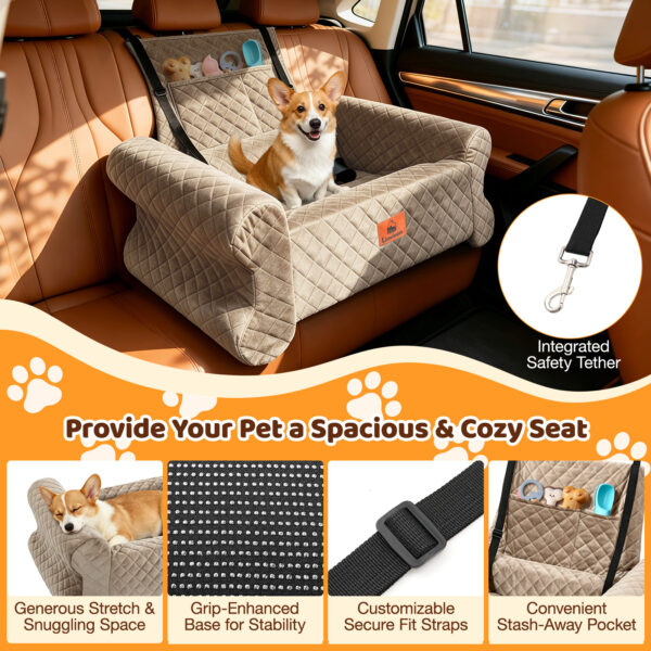 Dog Car Seat for Dogs up to 60 lbs, Pet Car Seat for Back with Detachable Washable Cover, Khaki