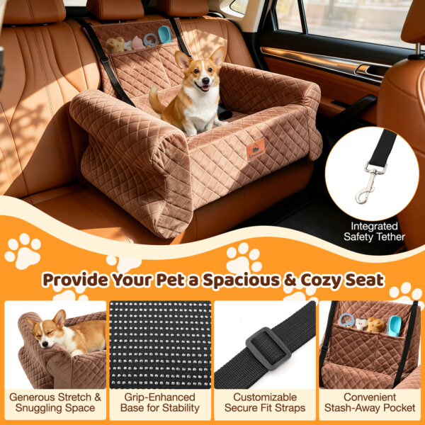 Dog Car Seat for Dogs up to 60 lbs, Pet Car Seat for Back with Detachable Washable Cover, Brown