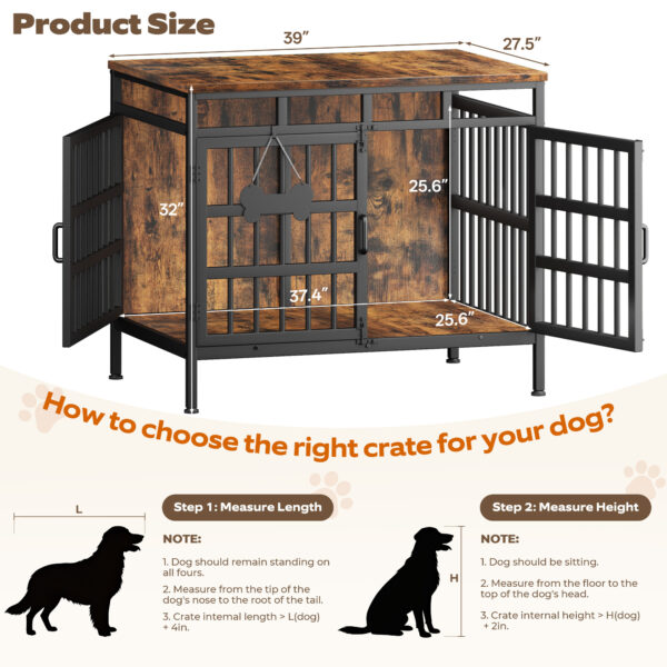 39 Inch Large Dog Crate Furniture, Heavy Duty Dog Kennel for Medium or Large Dogs, Black