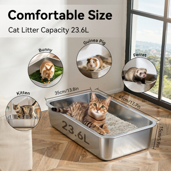 Stainless Steel Cat Litter Box, Metal Litter Pan High Sided Open Top Cat Toilet