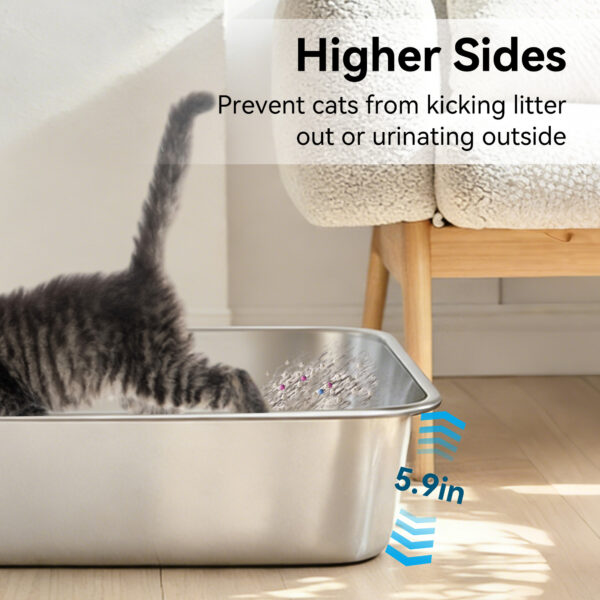 Stainless Steel Cat Litter Box, Metal Litter Pan High Sided Open Top Cat Toilet