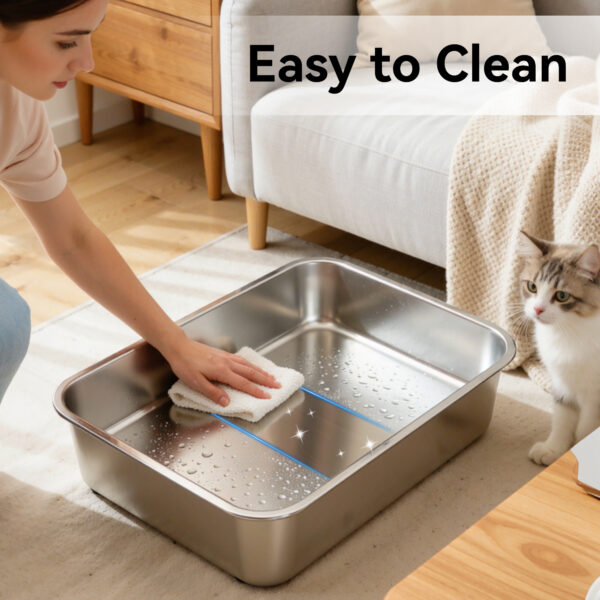 Stainless Steel Cat Litter Box, Metal Litter Pan High Sided Open Top Cat Toilet