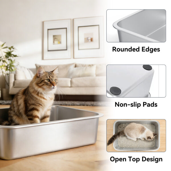 Stainless Steel Cat Litter Box, Metal Litter Pan High Sided Open Top Cat Toilet